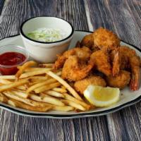 Shrimp & Chips · Tender juicy shrimp battered and deep fried golden. Served with hand cut fries and coleslaw.