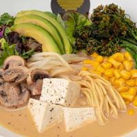 The Veggie · Vegetable broth with miso base, bean sprouts, corn, mushroom, tofu, broccolini, baby greens,...