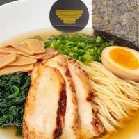 The Shoyu Ramen · Choice of Protein: Pork / Chicken / Tofu 
Clear chicken broth with shoyu, bamboo shoot, spin...