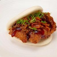 Spicy Chicken Bun · Chicken kaarage, ghost pepper kimchi, green onion and teriyaki sauce