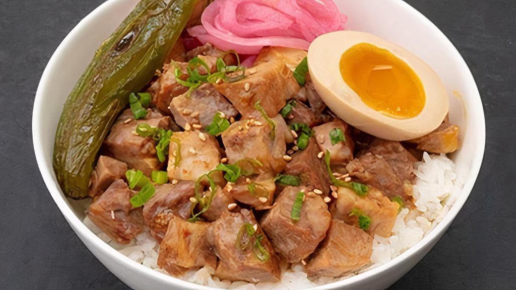 Pork Bowl · Pork belly, pickled onion, green onion, fried jalapeno and soft boiled egg over rice