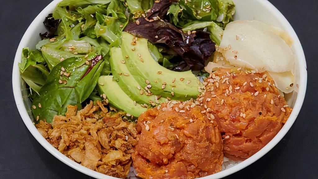 Spicy Tuna Bowl · Spicy tuna, mixed greens, fried onion, onion dressing and avocado over rice