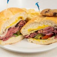 Hot Pastrami · Served on a French roll with mayo, mustard, lettuce, tomato, pickles, and provolone cheese.