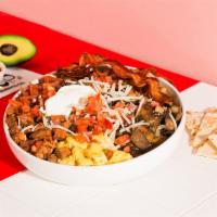 Meat Lovers Breakfast Bowl · Two eggs, bacon, carne asada, fajita peppers and onions, melted cheese, potatoes, pico de ga...