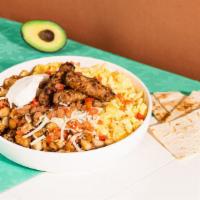 Classic Breakfast Bowl · Your choice of protein, two eggs, melted cheese, potatoes, black beans, pico de gallo, serve...