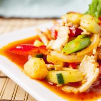 Sweet & Sour Stir Fry - Pad Priew Warn · Bell peppers, tomatoes, cucumbers, pineapple, onion sauteed with sweet & sour sauce.
