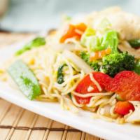 Thai Chow Mein · Wheat noodles stir-fried with garlic, broccoli, celery, mushroom, bell pepper, cabbage, caul...