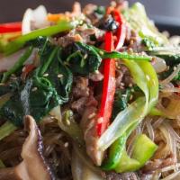 Stir Fried Glass Noodle (잡채) · Stir fried glass noodle with vegetatbles
