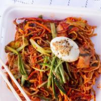 Mixed Thick Cold Noodles (쫄면) · Spicy noodles mixed with vegetables.