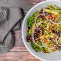 Asian Sesame Salad · Asian dressing mixed with spinach, spring mix, carrots, power greens, red onion, cucumbers s...