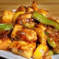 Paneer Chilli · Homemade cheese cooked with sliced onions, bell pepper, ginger, garlic, and soy sauce.
