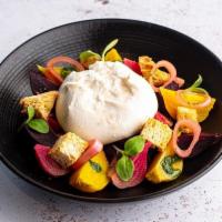 Burrata · marinated beetroot – pickled red onions – basil oil – crunchy sourdough