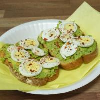 Avocado Toast · 2 slices. Avocado, whole wheat bread, lemon juice, red pepper flakes, sea salt, pepper, and ...