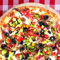 Supreme Pizza (Small) · Pepperoni, ham, sausage, mushrooms, onions, bell peppers, jalapeños and black olives.