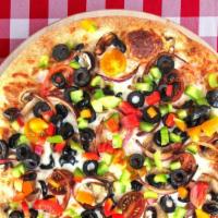Veggie Pizza (Small) · Mushrooms, onions, bell peppers, tomato and black olives.