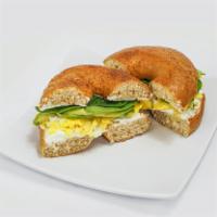 Veggie Bagel · Toasted bagel; Cream cheese, scrambled eggs, avocado, spinach.