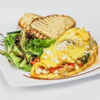 Greek Omelette · Eggs. spring mix, mushrooms, roasted red pepper, and mozzarella cheese.