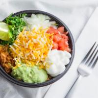 Burrito Bowl · Choice of meat w/ beans, rice, tomato, cilanto, onions, guacamole, sour cream, salsa and che...