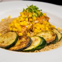 Salmon Plate · Salmon Paired With Rice Pilaf, Grilled Zucchini, Topped With Mango Salsa