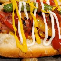 La Street Dog - Combo · Juicy, bacon wrapped, all-beef hot dog. Served with grilled onions and bell peppers, topped ...