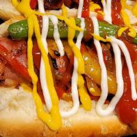 La Street Dog · Juicy, bacon wrapped, all-beef hot dog.Served with grilled onions and bell peppers, topped w...