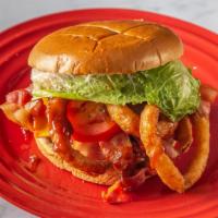 The Bbq Burger · Burger, BBQ sauce, cheddar cheese, bacon, onion rings, lettuce & tomato.
Consuming raw or un...