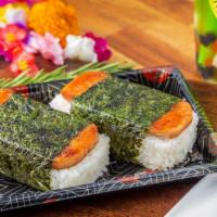 Spam Musubi · Steamed sticky rice topped with Spam and wrapped in crispy nori.