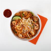 Shrimp Pad Thai · Stir-fried rice noodles with shrimp, scallions, bean sprouts, scrambled egg, and crushed pea...