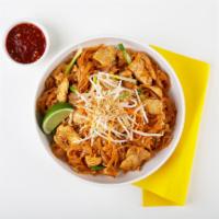 Chicken Pad Thai · Stir-fried rice noodles with chicken, scallions, bean sprouts, scrambled egg, and crushed pe...