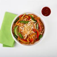 Vegetable Pad Thai · Stir-fried rice noodles with mixed vegetables, scallions, bean sprouts, scrambled egg, and c...
