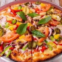 Vegetarian  Pizza · Mozzarella cheese, onions, tomatoes, Green bell peppers, mushrooms, tomatoes, olives, fresh ...