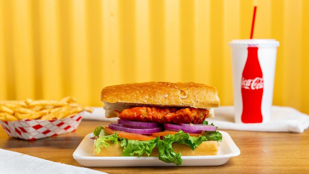 Spicy Buffalo Chicken Tender Sandwich Combo · Crispy chicken tenders tossed in a spicy buffalo sauce, lettuce, tomato, onion, ranch, special sauce, served on a baguette roll.