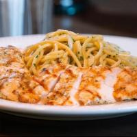 Aglio Olio · Spaghetti with olive oil, garlic, and grilled chicken breast.