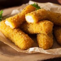 Mozzarella Sticks · Elongated pieces of breaded mozzarella, served with marinara sauce.