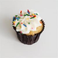 Cake Batter · Cake batter flavor frosted with a whippy buttercream finished with a sprinkle of funfetti.