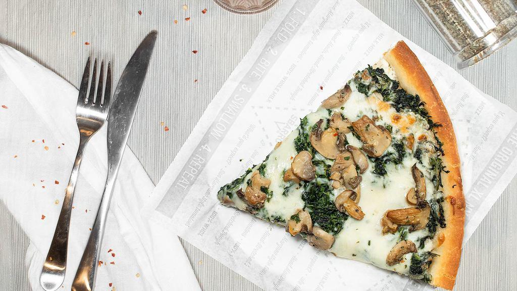 Ny Spinach And Mushroom Slice · XL NY Slice made with fresh, hand-stretched dough, topped with San Marzano-style tomato sauce, 100% whole milk mozzarella, spinach, and mushrooms. Made fresh daily..