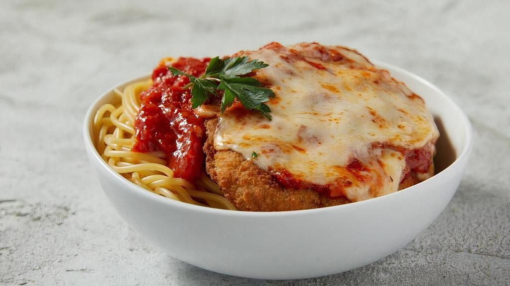 Chicken Parmesan · Our Chicken Parm features a chicken breast that's tender, juicy, and flavorful. It's topped with fresh mozzarella, pasta sauce, and freshly chopped parsley..