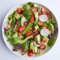 Chopped Vegetable Salad · organic greens, romaine, avocado, heirloom carrot, snap pea, radish, baby tomato, cucumber, ...