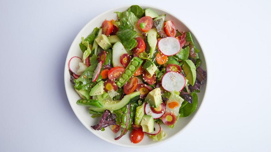 Chopped Vegetable Salad · organic greens, romaine, avocado, heirloom carrot, snap pea, radish, baby tomato, cucumber, toasted sesame seed, ginger miso vinaigrette. (Vegan, Gluten-Free).