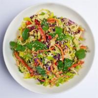 Ginger Miso Crunch Salad · carrot zoodles, zucchini, red pepper, asian cabbage, mint, cashew, sesame seeds, sunflower v...