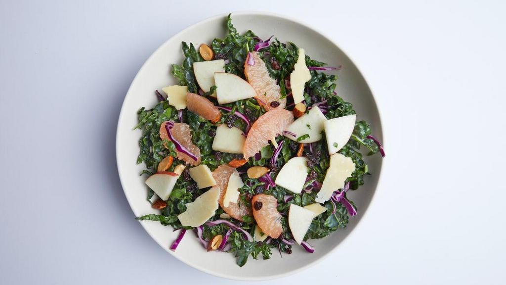 Organic Kale Salad · pink grapefruit, organic apple, black currant, smoked almond, white cheddar, apple cider vinaigrette. (Vegetarian, Gluten-Free).