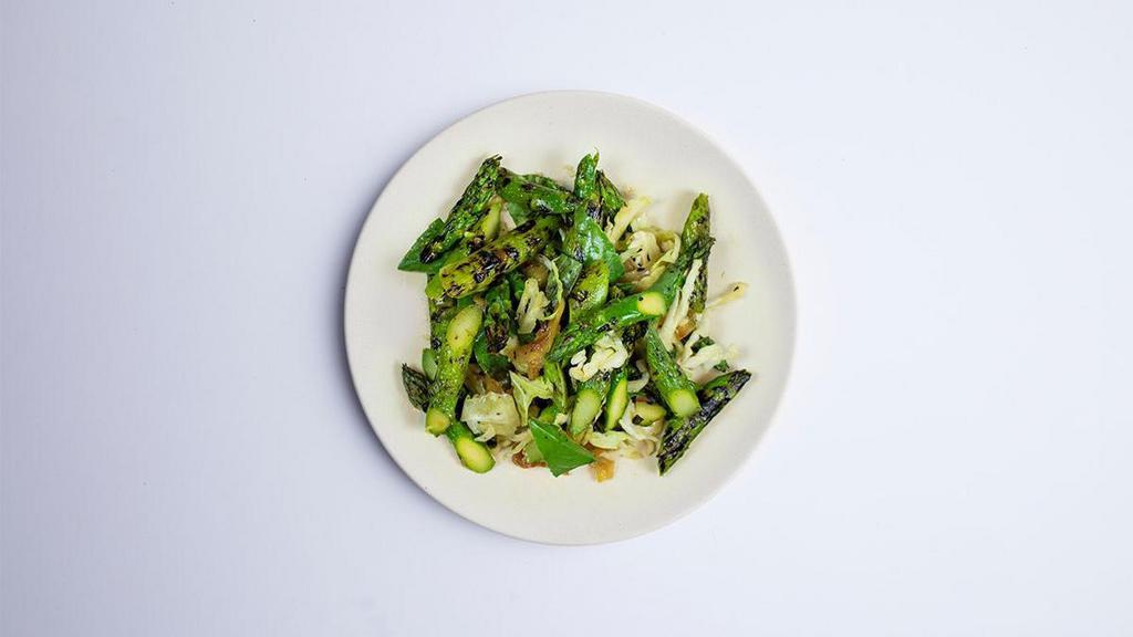 Yuzu Grilled Asparagus · Charred onion, savoy cabbage, golden miso. (Vegan, Gluten-Free)