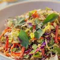 Large Ginger Miso Crunch Salad · carrot zoodles, zucchini, red pepper, asian cabbage, mint, cashew, sesame seeds, sunflower v...