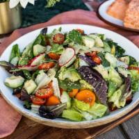 Large Chopped Vegetable Salad · organic greens, romaine, avocado, heirloom carrot, snap pea, radish, baby tomato, cucumber, ...
