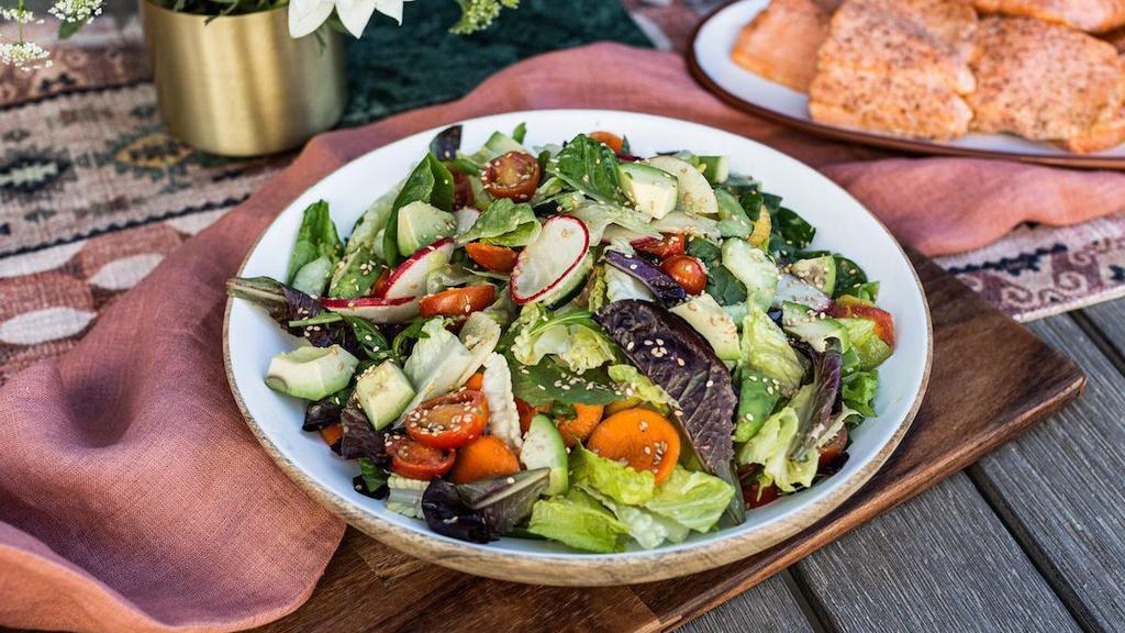 Large Chopped Vegetable Salad · organic greens, romaine, avocado, heirloom carrot, snap pea, radish, baby tomato, cucumber, toasted sesame seed, ginger miso vinaigrette