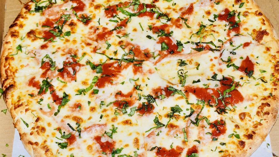 Margarita Pizza (Medium) · Fresh tomato, basil, fresh garlic, and cheese.