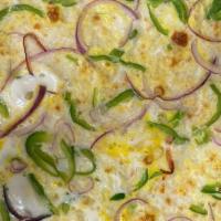 Breakfast Pizza (Large) · Whole eggs, mozzarella, cheddar cheese, red onions, and bell peppers.
