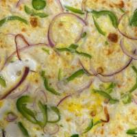 Breakfast Pizza (Medium) · Whole eggs, mozzarella, cheddar cheese, red onions, and bell peppers.