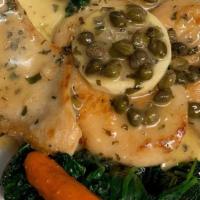 Scaloppine Di Pollo Al Limone · Mary's organic chicken scaloppine in a lemon capers sauce and farmers market organic vegetab...