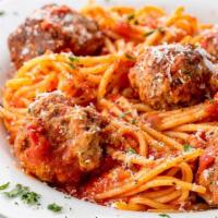 Spaghetti Alle Polpette · Wisconsin black Angus meatballs, pine nuts, and raisins in San Marzano tomato puree over spa...